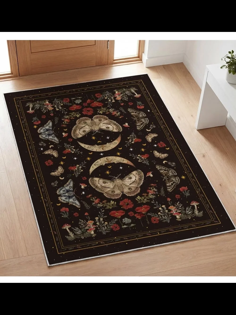 Black Moon & Moth Area Rug, 5 X 7, Washable